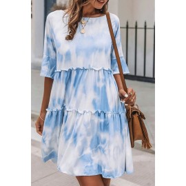 White Crew Neck Tie Dye Half Sleeve Dress