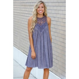 Violet Lace Neck Sleeveless Flowy Dress