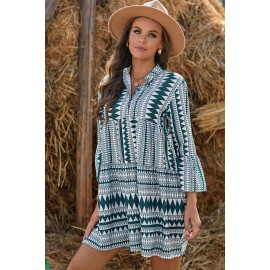 Green Collarless Flared Sleeve Bohemian Flowing Mini Dress 