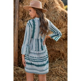 Green Collarless Flared Sleeve Bohemian Flowing Mini Dress 