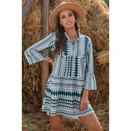 Green Collarless Flared Sleeve Bohemian Flowing Mini Dress 