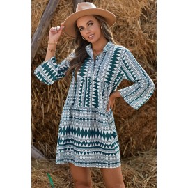 Green Collarless Flared Sleeve Bohemian Flowing Mini Dress 