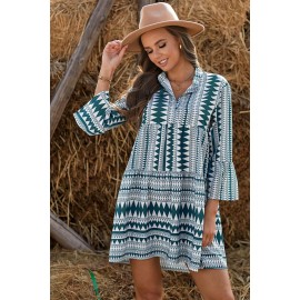 Green Collarless Flared Sleeve Bohemian Flowing Mini Dress 