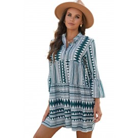 Green Collarless Flared Sleeve Bohemian Flowing Mini Dress 