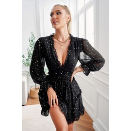 Black Glitter Stars V Neck Backless Ruffle Mini Dress