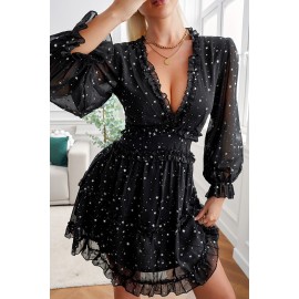 Black Glitter Stars V Neck Backless Ruffle Mini Dress