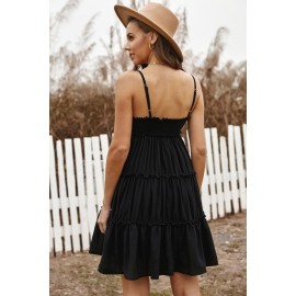 Black Spaghetti Straps Ruched Ruffled Mini Dress