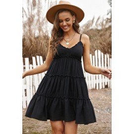 Black Spaghetti Straps Ruched Ruffled Mini Dress