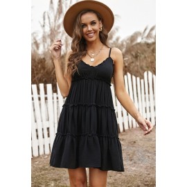 Black Spaghetti Straps Ruched Ruffled Mini Dress