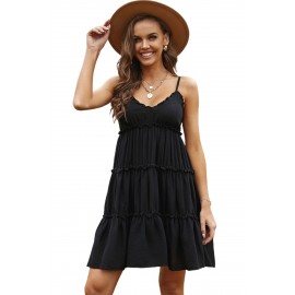 Black Spaghetti Straps Ruched Ruffled Mini Dress