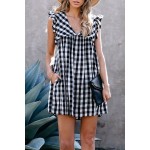 Black Plaid Ruffle V Neck Pocketed Babydoll Mini Dress