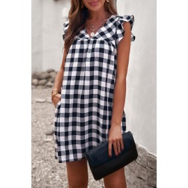 Black Plaid Ruffle V Neck Pocketed Babydoll Mini Dress