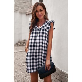 Black Plaid Ruffle V Neck Pocketed Babydoll Mini Dress