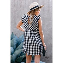 Black Plaid Ruffle V Neck Pocketed Babydoll Mini Dress