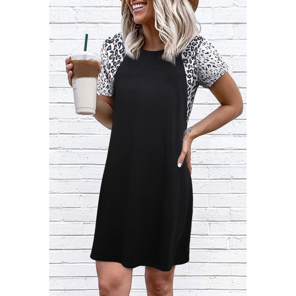 Leopard Splicing O-Neck Mini Dress