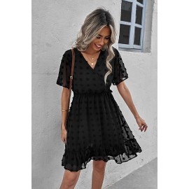 Black Wrap V Neck Swiss Dot Mini Dress with Ruffles