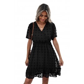 Black Wrap V Neck Swiss Dot Mini Dress with Ruffles