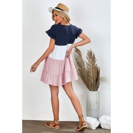 Pink Ruffled Sleeve Tiered Color Block Mini Dress