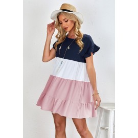 Pink Ruffled Sleeve Tiered Color Block Mini Dress