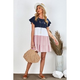 Pink Ruffled Sleeve Tiered Color Block Mini Dress