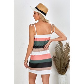 Black Spaghetti Straps Striped Drawstring Waist Mini Dress