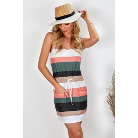 Black Spaghetti Straps Striped Drawstring Waist Mini Dress