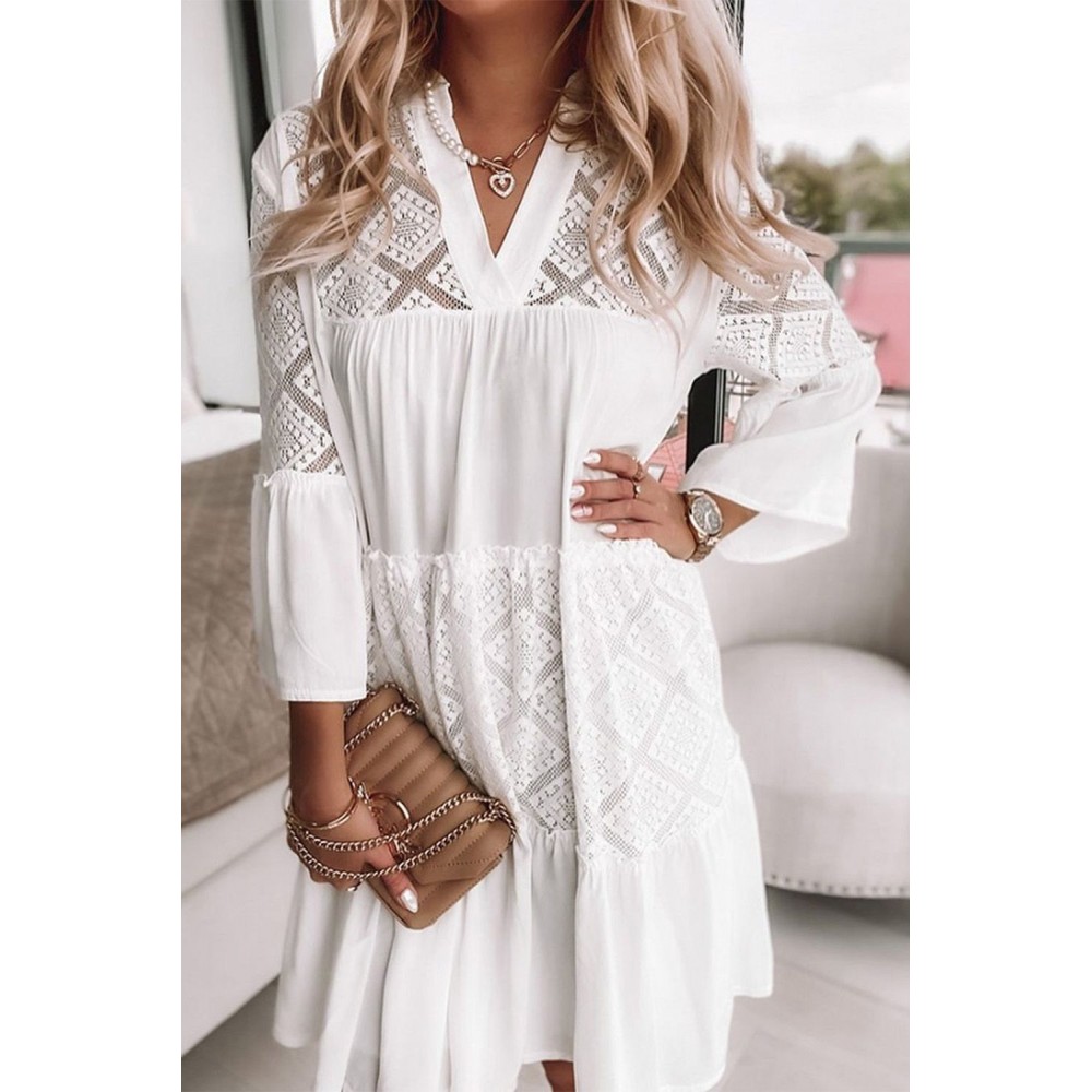 White Solid Color V Neck Lace Splicing Mini Dress