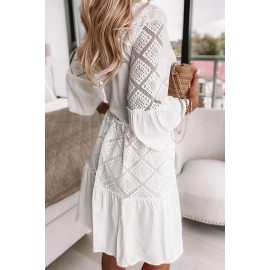 White Solid Color V Neck Lace Splicing Mini Dress