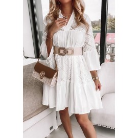 White Solid Color V Neck Lace Splicing Mini Dress