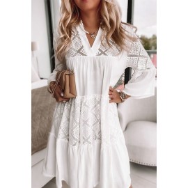 White Solid Color V Neck Lace Splicing Mini Dress