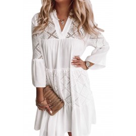 White Solid Color V Neck Lace Splicing Mini Dress