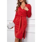 Red V Neck Long Sleeve Belted Side Split Bodycon Dress