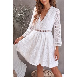 White Lace V Neck See-through Sleeve Mini Dress