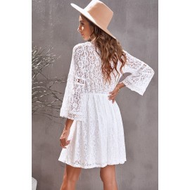 White Lace V Neck See-through Sleeve Mini Dress