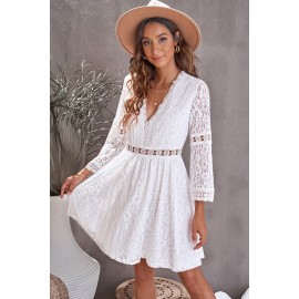 White Lace V Neck See-through Sleeve Mini Dress