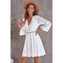 White Lace V Neck See-through Sleeve Mini Dress