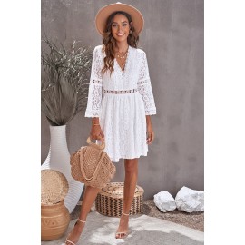 White Lace V Neck See-through Sleeve Mini Dress