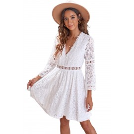 White Lace V Neck See-through Sleeve Mini Dress