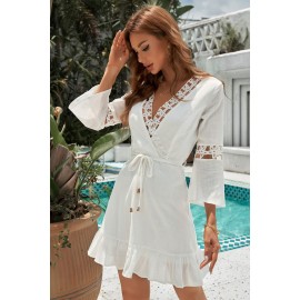 White Surplice V Neck Lace Trim A-line Ruffle Dress with Belt