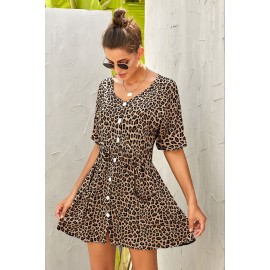 Leopard Print V Neck Button Half Sleeves Swing Dress