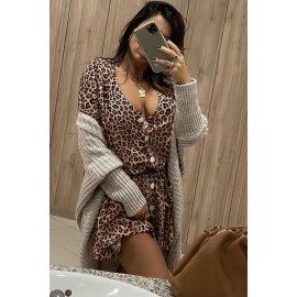 Leopard Print V Neck Button Half Sleeves Swing Dress