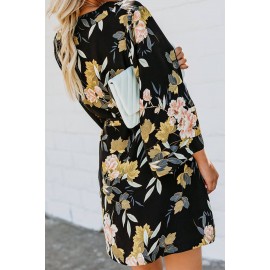 Black Casual V Neck 3/4 Sleeve Floral Dress