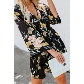 Black Casual V Neck 3/4 Sleeve Floral Dress