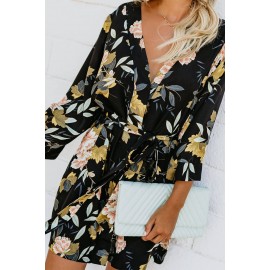 Black Casual V Neck 3/4 Sleeve Floral Dress