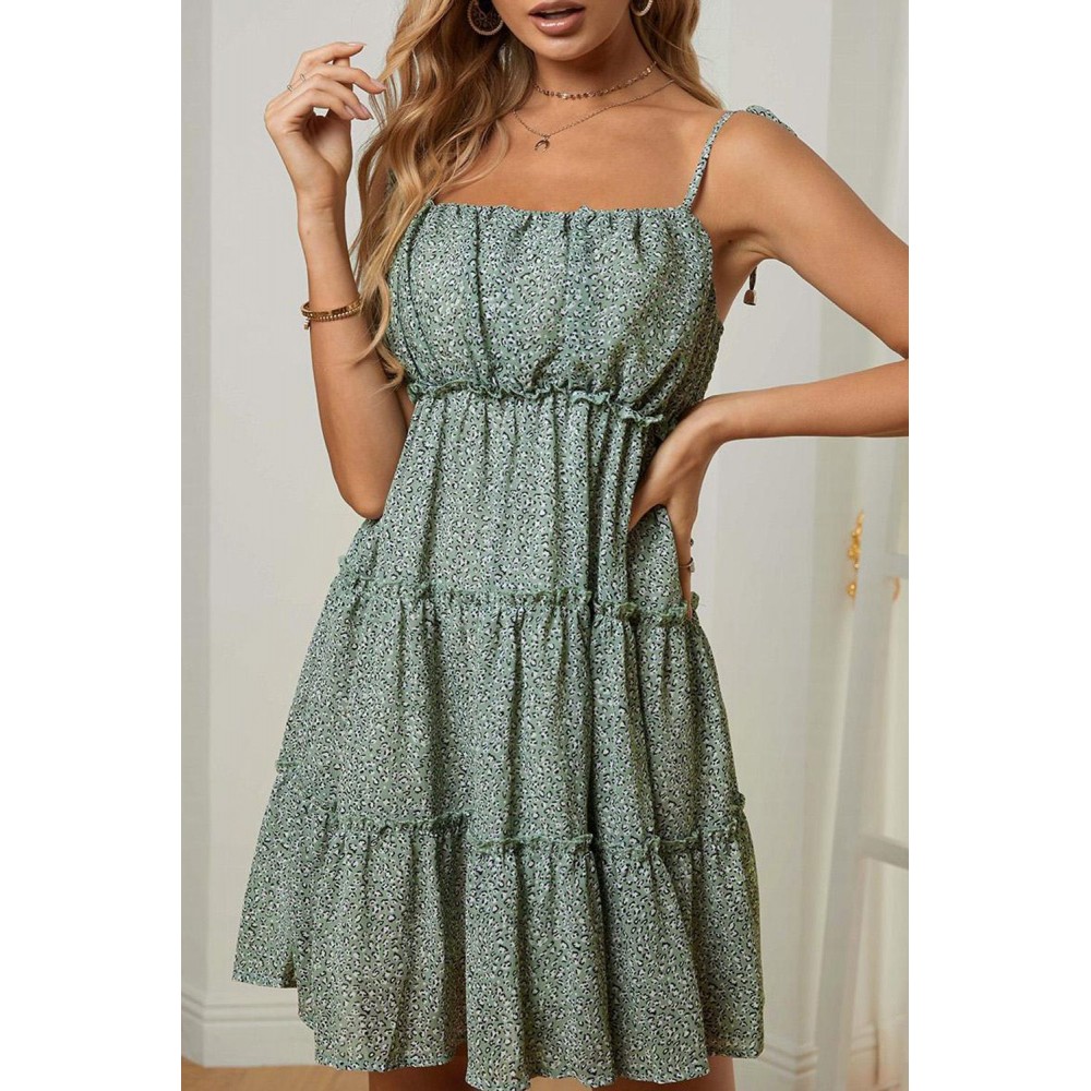 Green A-line Layered Ruffled Floral Dress