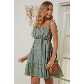 Green A-line Layered Ruffled Floral Dress