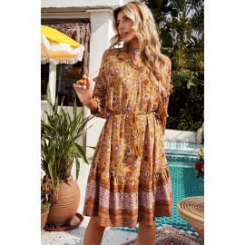 Orange Boho Floral Print Bishop Sleeve Mini Dress