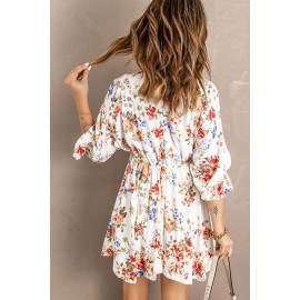 White V Neck Flounce High Waist Floral Mini Dress