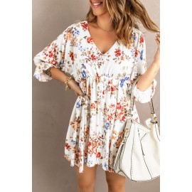 White V Neck Flounce High Waist Floral Mini Dress