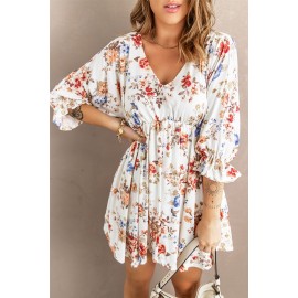 White V Neck Flounce High Waist Floral Mini Dress